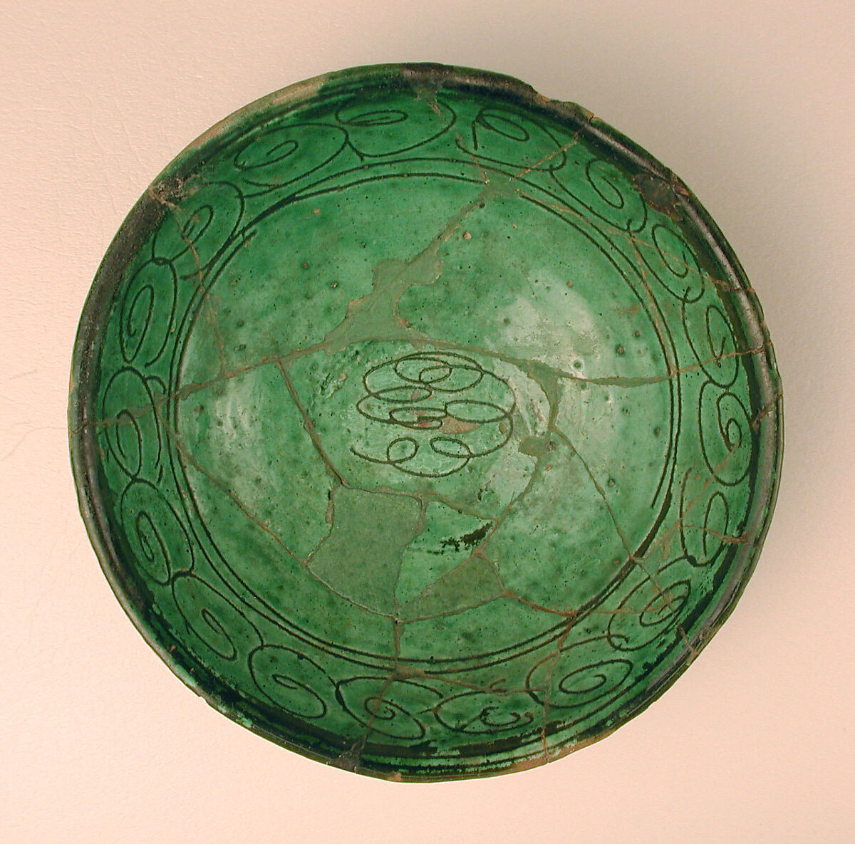 Green Glazed Bowl with Incised Decoration, Earthenware; white slip, incised under transparent green glaze