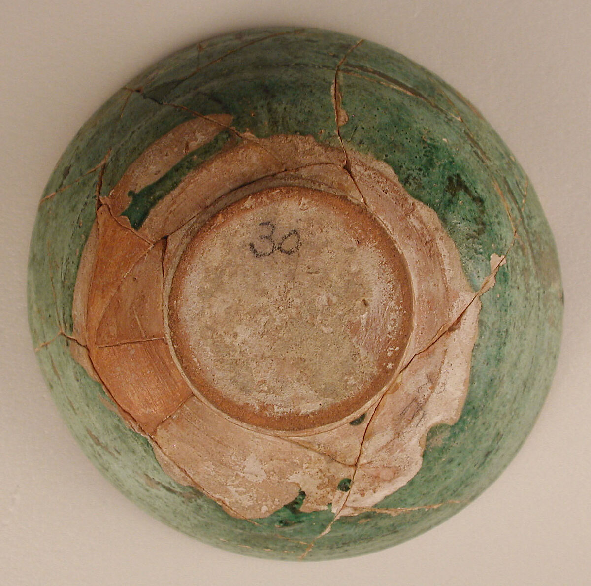 Green Glazed Bowl with Incised Decoration, Earthenware; white slip, incised under transparent green glaze