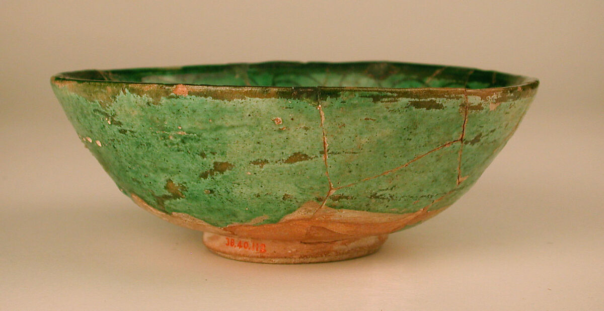 Green Glazed Bowl with Incised Decoration, Earthenware; white slip, incised under transparent green glaze