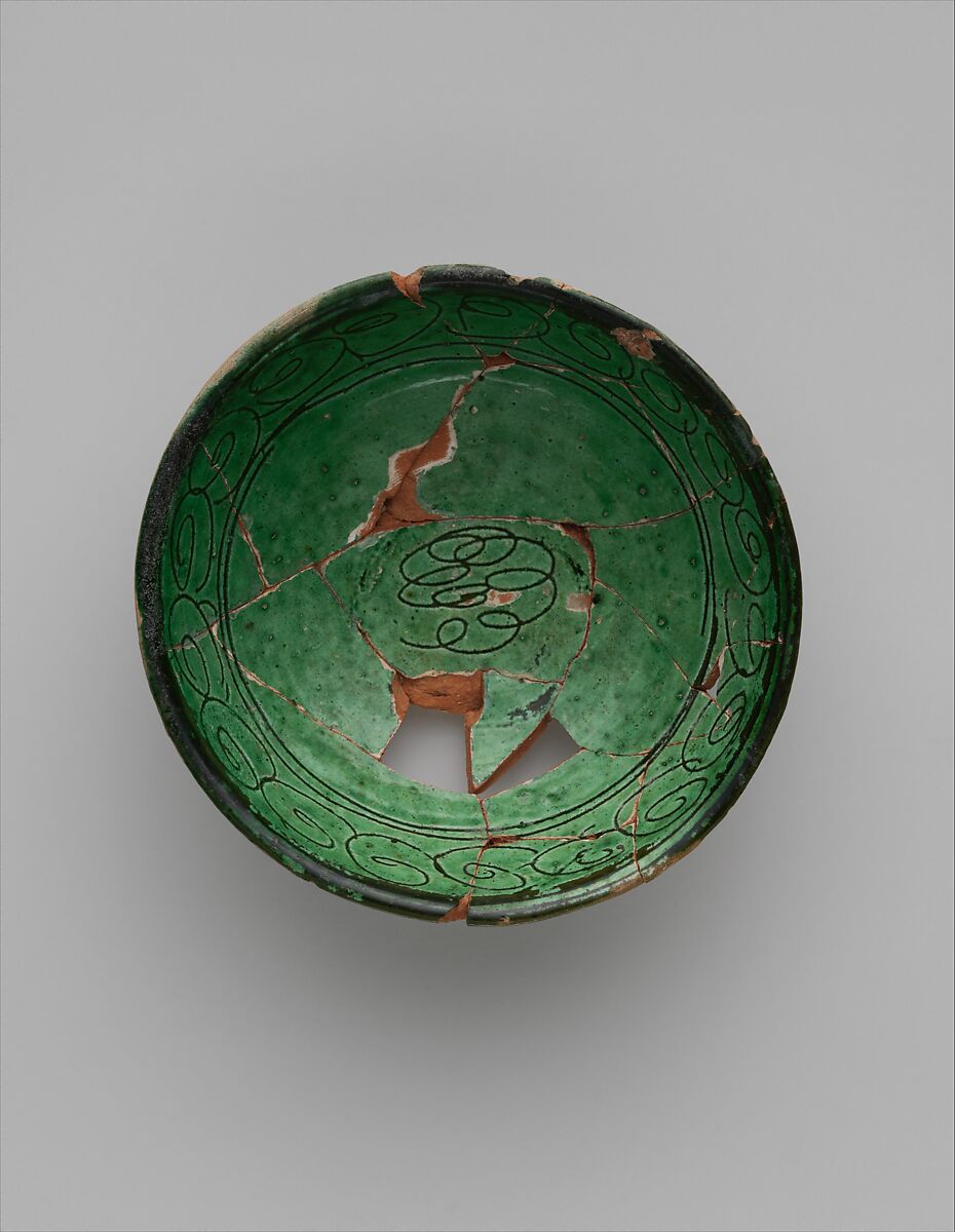 Green Glazed Bowl with Incised Decoration, Earthenware; white slip, incised under transparent green glaze 