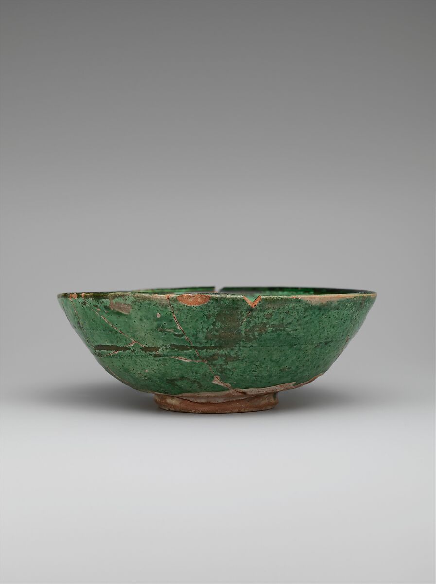 Green Glazed Bowl with Incised Decoration, Earthenware; white slip, incised under transparent green glaze