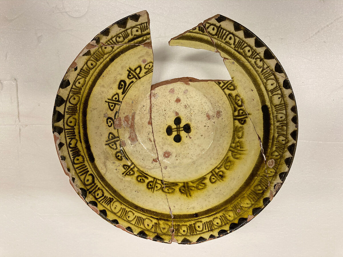 Bowl, Earthenware; white slip under clear yellow glaze