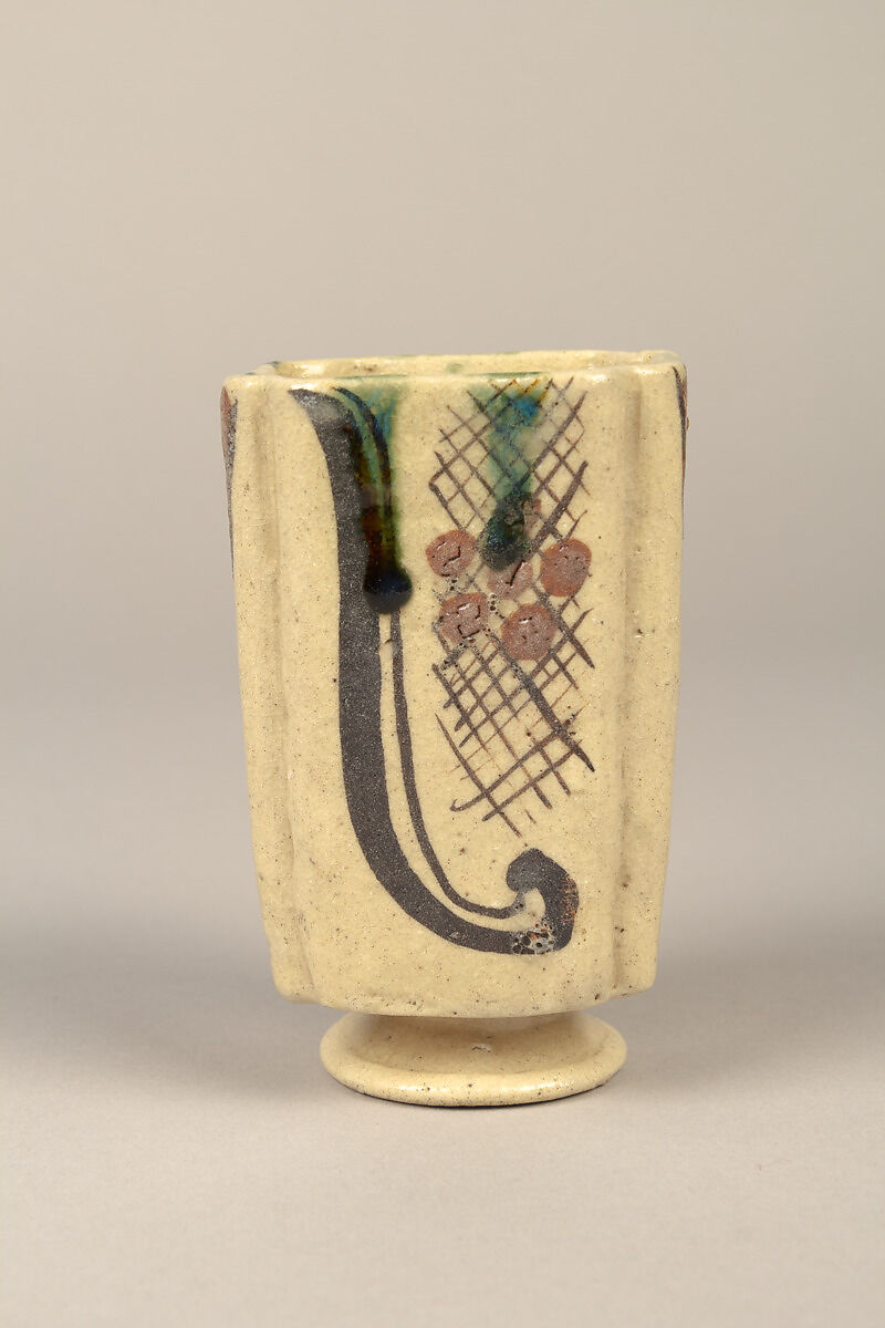 One from set of five squared food vessels (mukōzuke) for tea-gathering meal, Stoneware with iron-oxide and copper green overglaze decoration (Mino ware, Yashichida Oribe type), Japan
