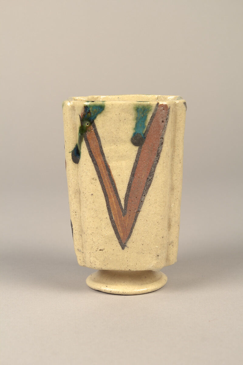 One from set of five squared food vessels (mukōzuke) for tea-gathering meal, Stoneware with iron-oxide and copper green overglaze decoration (Mino ware, Yashichida Oribe type), Japan