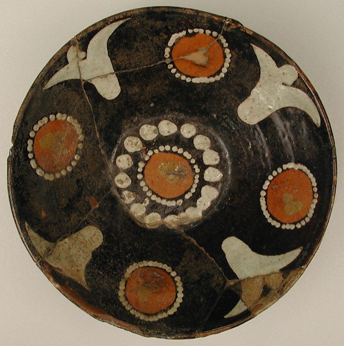 Bowl with Polychrome Decoration on a Black Slip Ground, Earthenware; black slip with polychrome slip decoration under transparent glaze