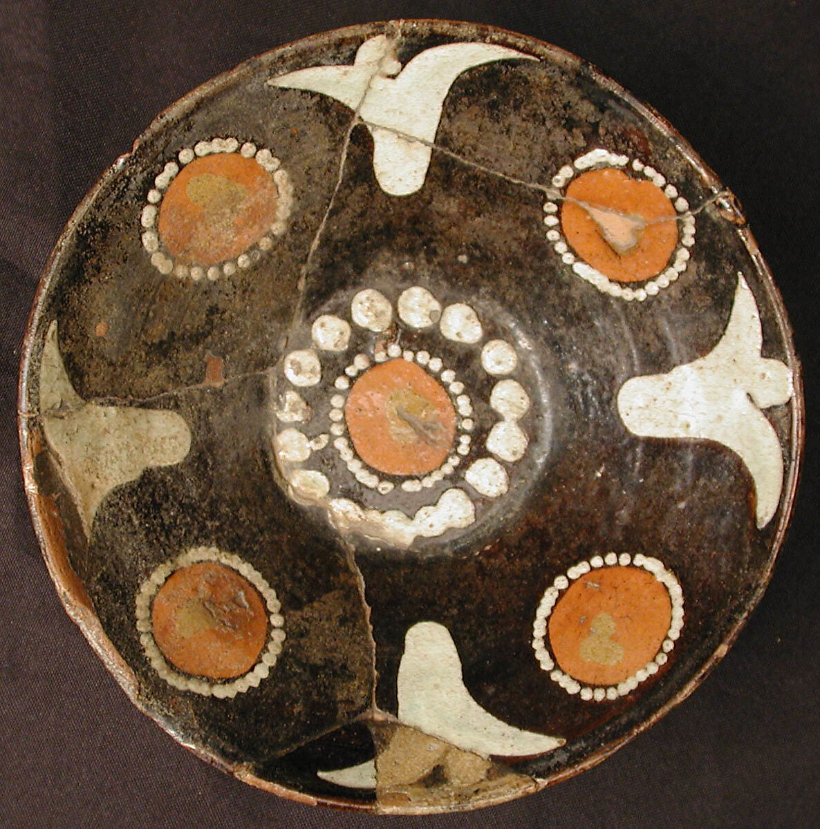 Bowl with Polychrome Decoration on a Black Slip Ground, Earthenware; black slip with polychrome slip decoration under transparent glaze