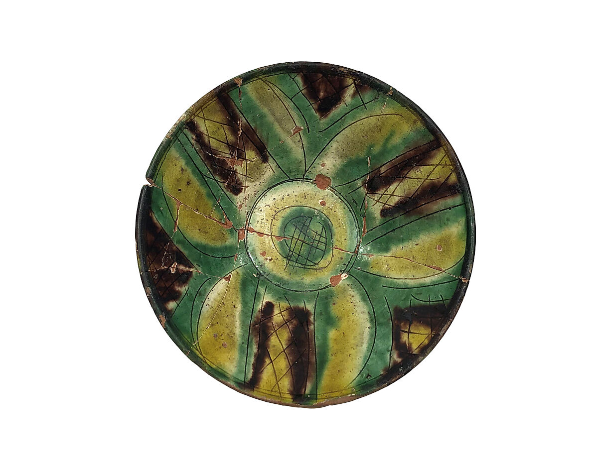 Bowl, Earthenware; white slip, incised and splashed with polychrome glazes under transparent glaze (sgraffito ware)