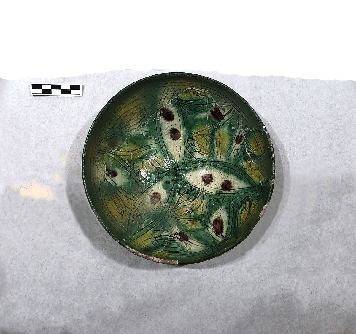 Bowl, Earthenware; white slip, incised and splashed with polychrome glazes under transparent glaze (sgraffito ware)