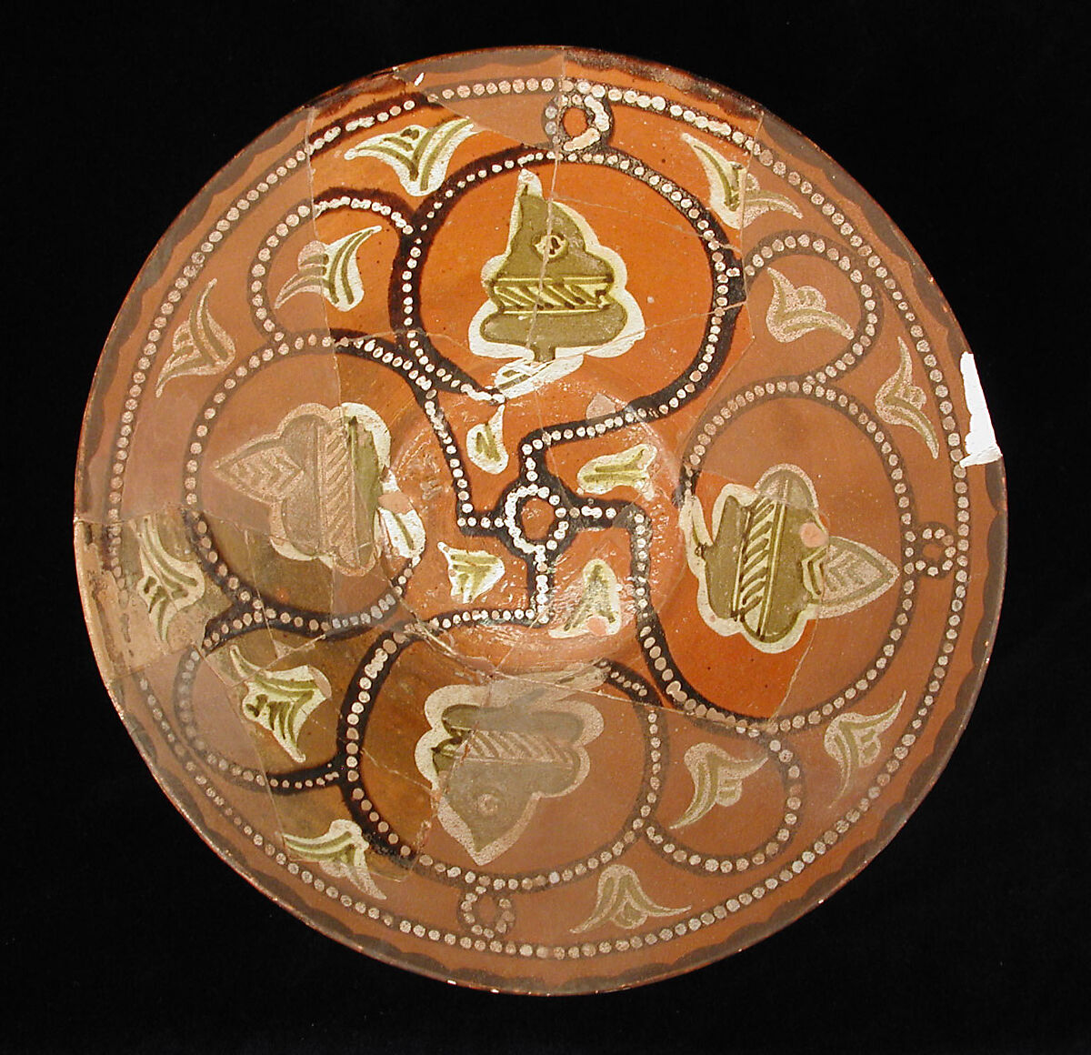 Bowl, Earthenware; red slip with polychrome slip decoration under transparent glaze 