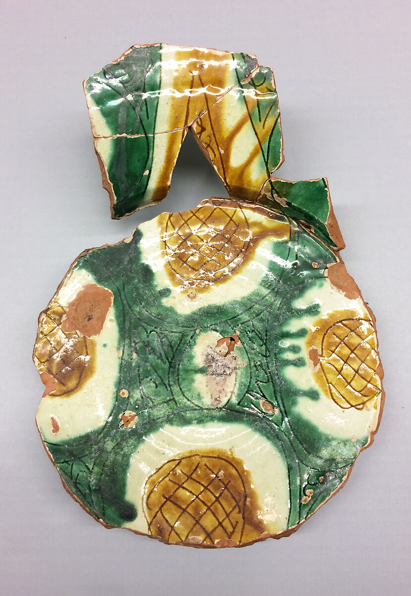 Plate, Earthenware; white slip, incised and splashed with polychrome glazes under transparent glaze (sgraffito ware)