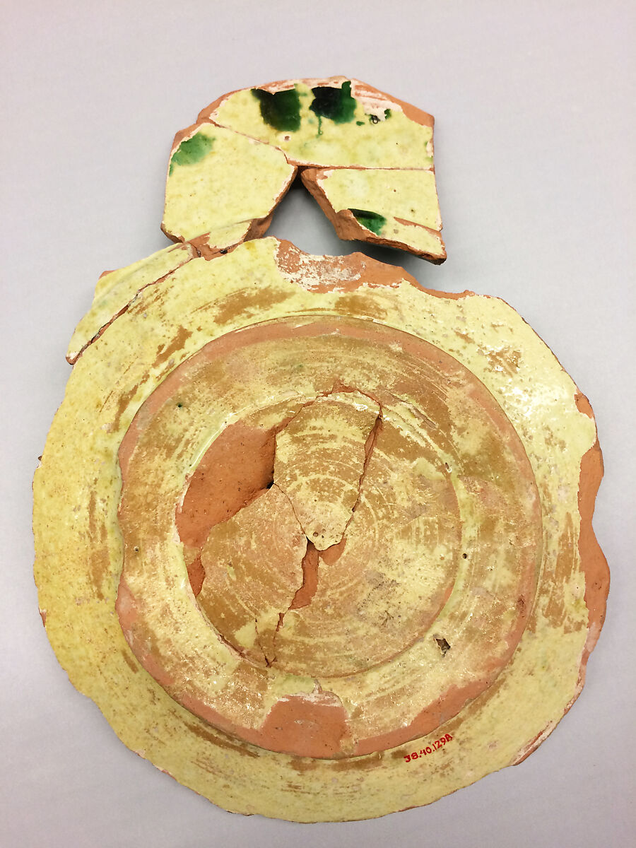 Plate, Earthenware; white slip, incised and splashed with polychrome glazes under transparent glaze (sgraffito ware)