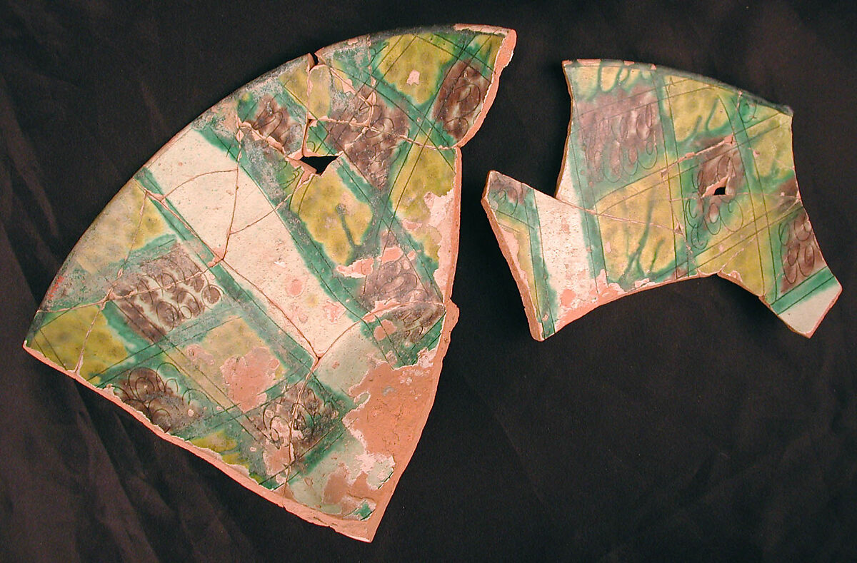 Fragments of a Bowl, Earthenware; white slip, incised and splashed with polychrome glazes under transparent glaze (sgraffito ware) 
