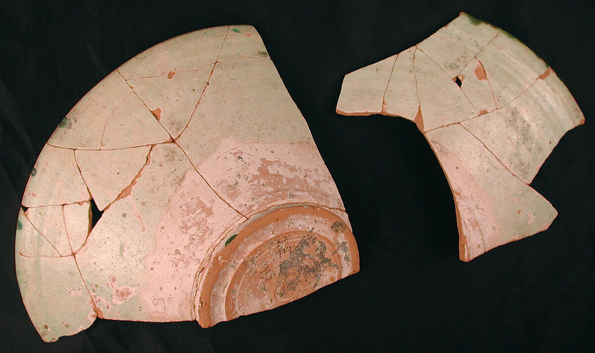 Fragments of a Bowl, Earthenware; white slip, incised and splashed with polychrome glazes under transparent glaze (sgraffito ware)