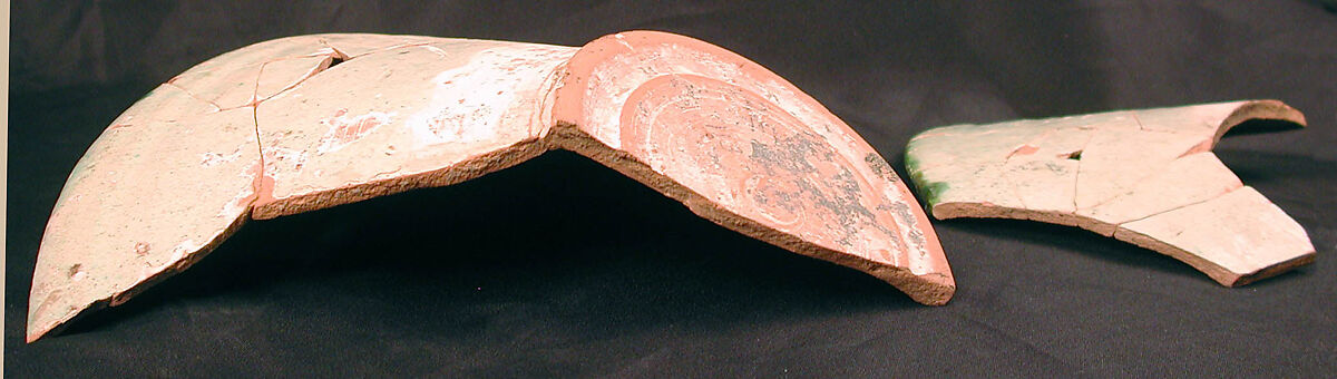 Fragments of a Bowl, Earthenware; white slip, incised and splashed with polychrome glazes under transparent glaze (sgraffito ware)