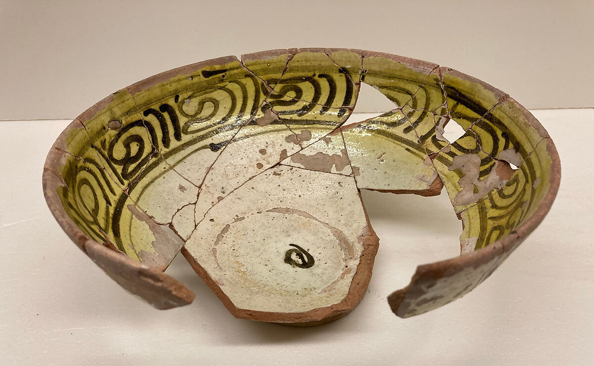 Bowl, Earthenware; white slip under transparent glaze running from pale greenish at center to strong yellow at rim 