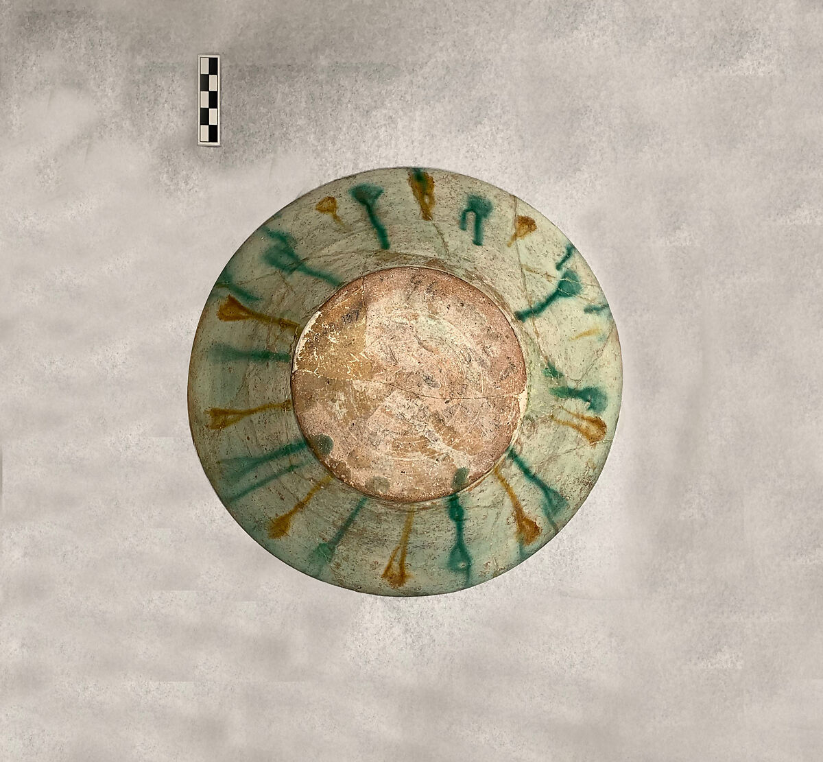 Bowl with Green, Yellow, and Brown Splashed Decoration, Earthenware; white slip, incised and splashed with polychrome glazes under transparent glaze (sgraffito ware)