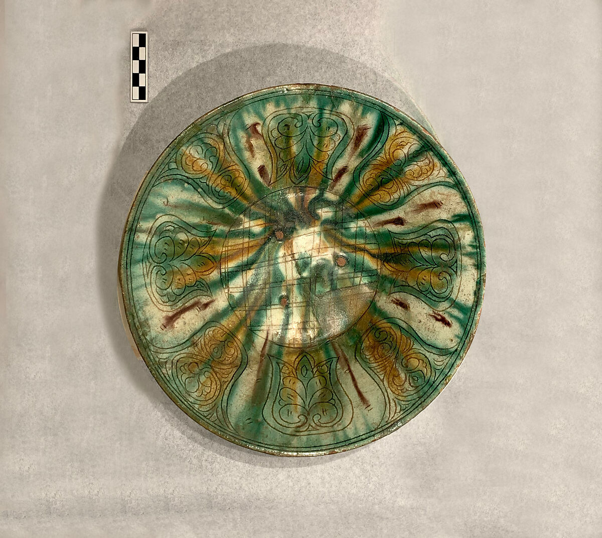 Bowl with Green, Yellow, and Brown Splashed Decoration, Earthenware; white slip, incised and splashed with polychrome glazes under transparent glaze (sgraffito ware)