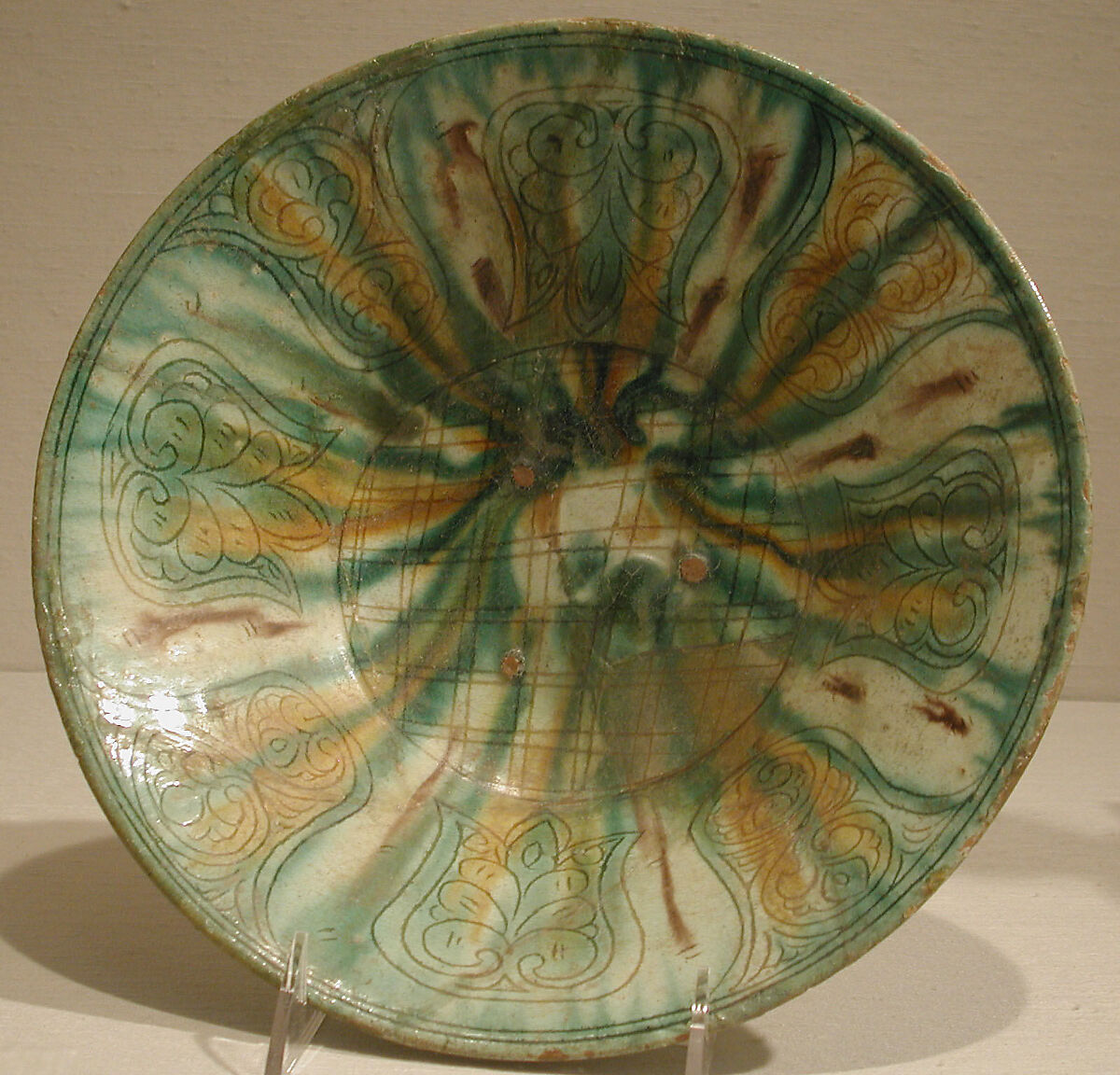 Bowl with Green, Yellow, and Brown Splashed Decoration, Earthenware; white slip, incised and splashed with polychrome glazes under transparent glaze (sgraffito ware)