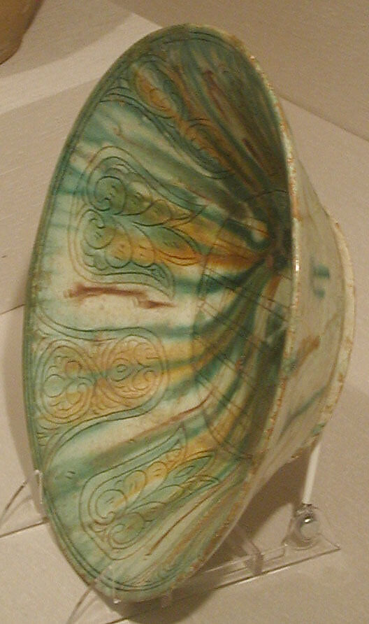 Bowl with Green, Yellow, and Brown Splashed Decoration, Earthenware; white slip, incised and splashed with polychrome glazes under transparent glaze (sgraffito ware)