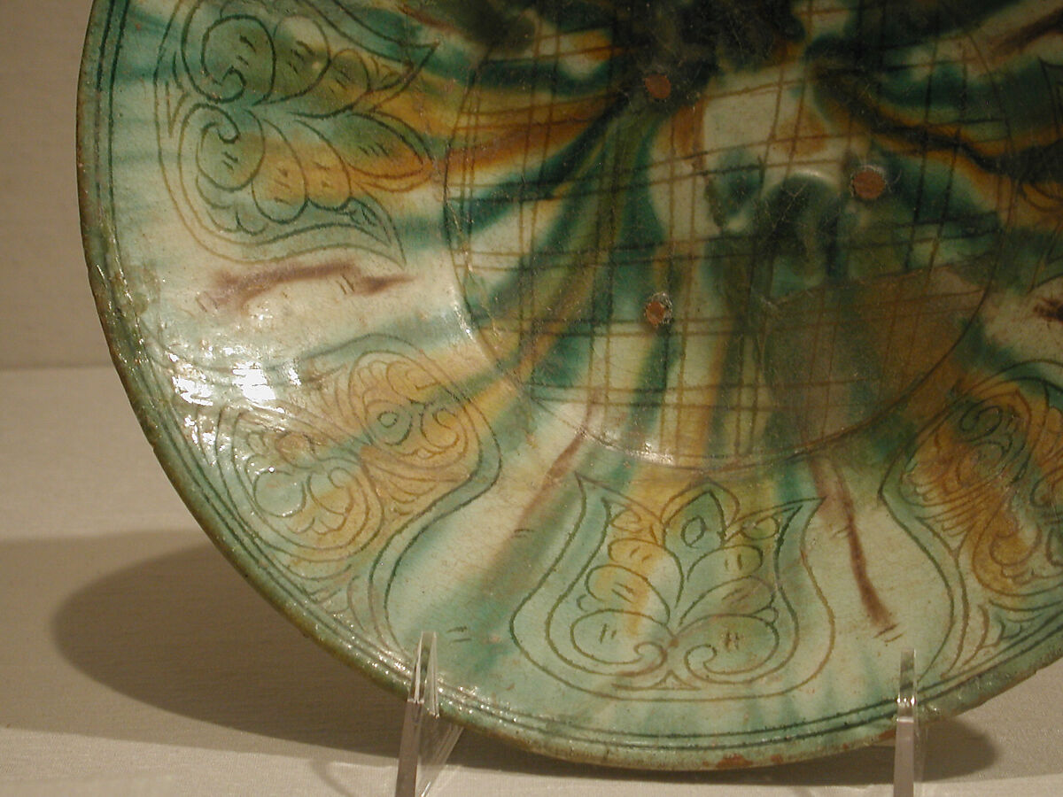 Bowl with Green, Yellow, and Brown Splashed Decoration, Earthenware; white slip, incised and splashed with polychrome glazes under transparent glaze (sgraffito ware)