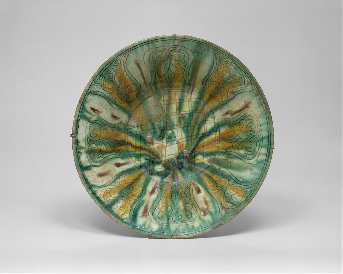 Bowl with Green, Yellow, and Brown Splashed Decoration, Earthenware; white slip, incised and splashed with polychrome glazes under transparent glaze (sgraffito ware) 
