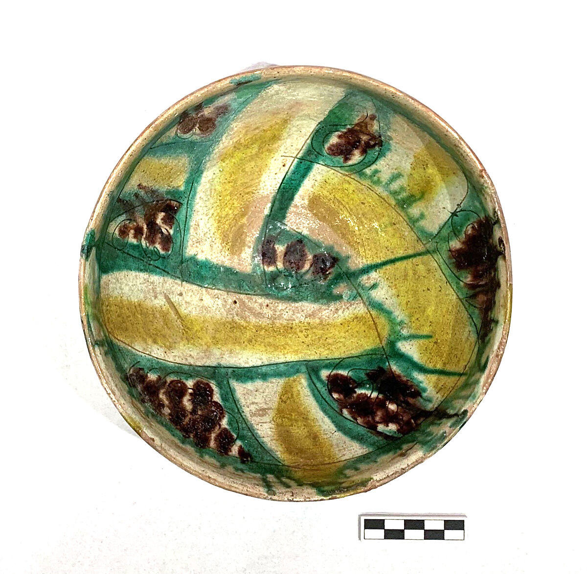 Bowl, Earthenware; slip covered with polychrome slip decoration under transparent glaze, incised 