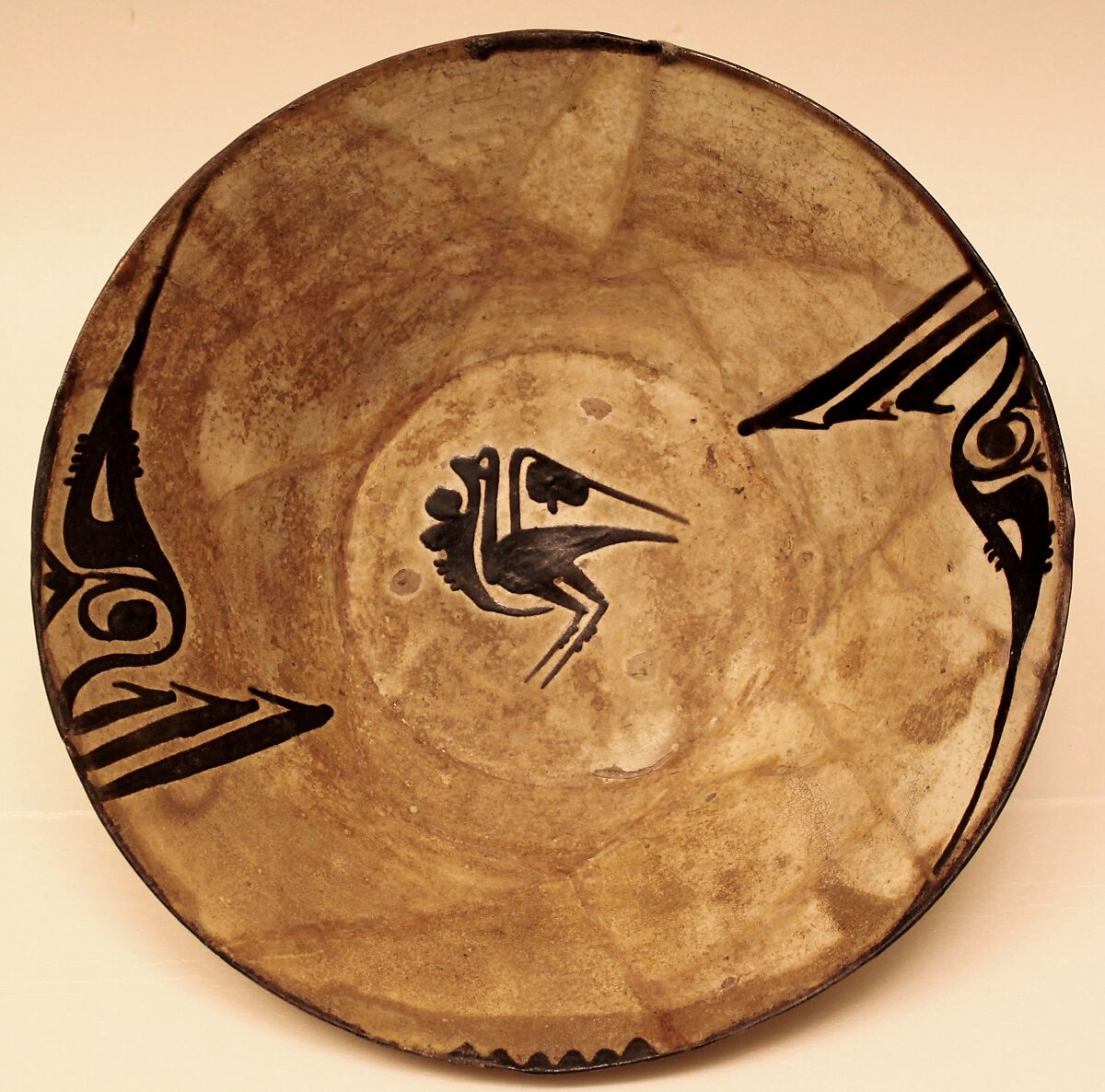 Bowl, Earthenware; white slip with monochrome slip decoration under transparent glaze