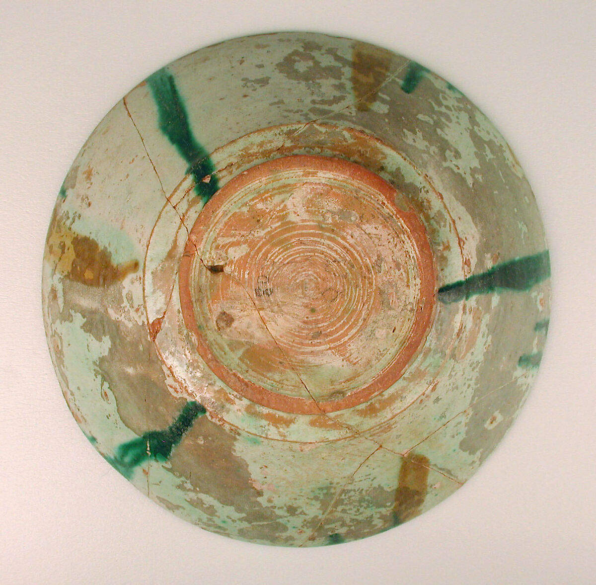 Bowl, Earthenware; white slip, incised and splashed with polychrome glazes under transparent glaze (sgraffito ware)