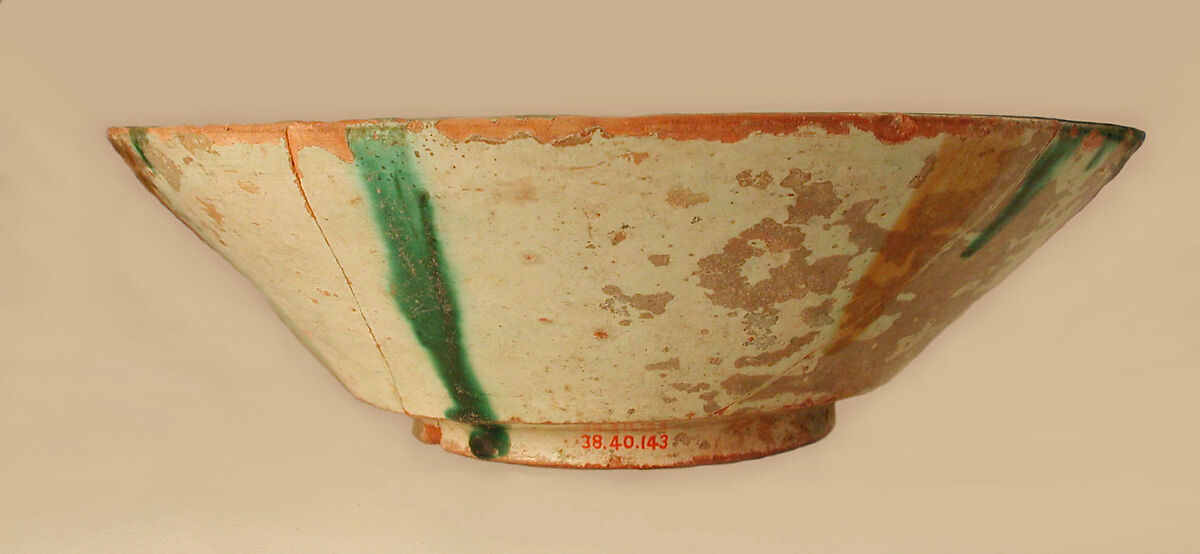 Bowl, Earthenware; white slip, incised and splashed with polychrome glazes under transparent glaze (sgraffito ware)