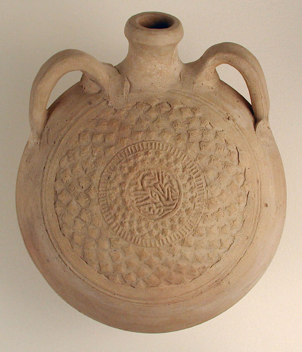 Flask with Molded Decoration, Earthenware; molded decoration, unglazed
