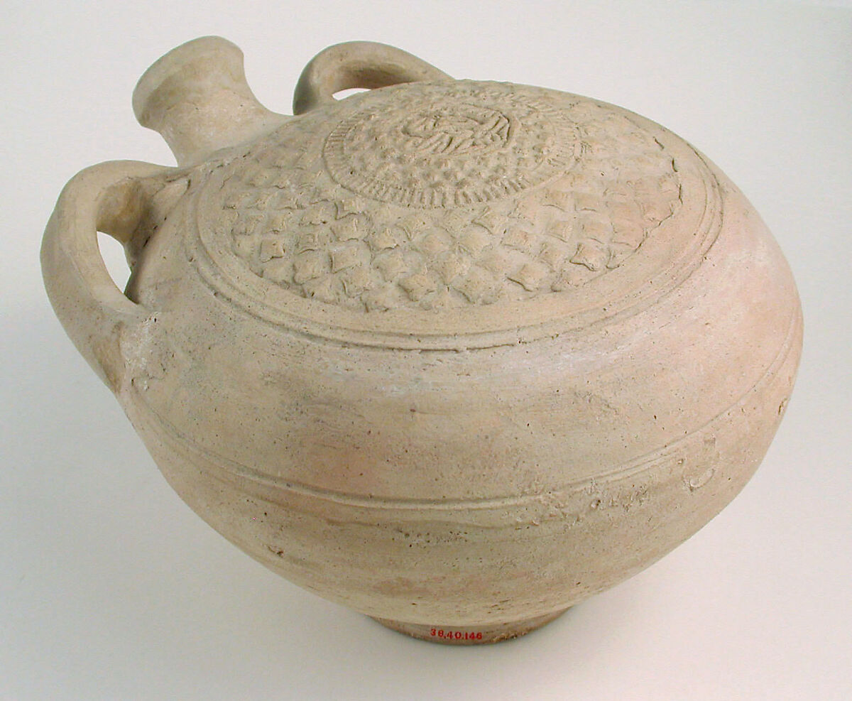 Flask with Molded Decoration, Earthenware; molded decoration, unglazed