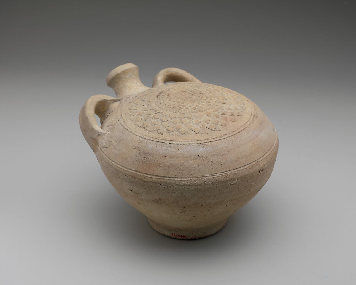 Flask with Molded Decoration, Earthenware; molded decoration, unglazed 