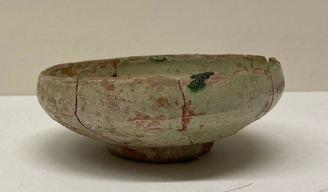 Bowl, Earthenware; white slip with polychrome slip decoration under transparent greenish glaze