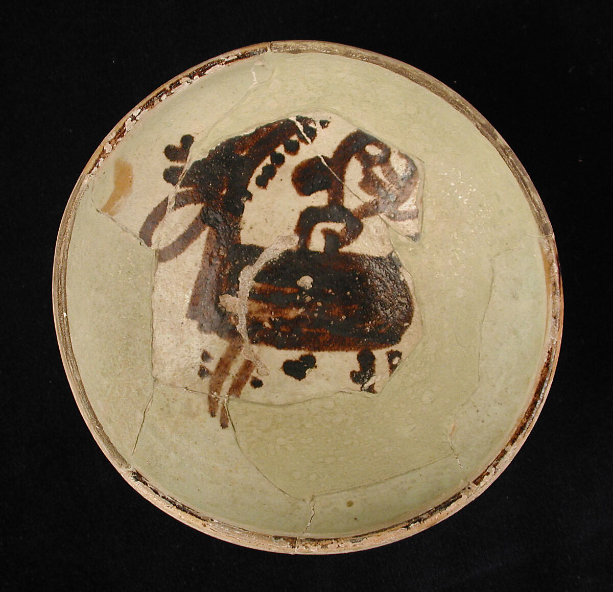 Bowl, Earthenware; white slip with black slip decoration under transparent glaze 