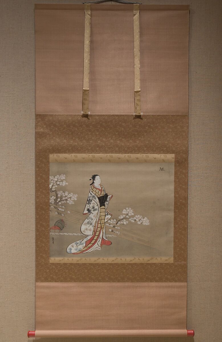 Parody of Murasaki, from "Lavender" (Wakamurasaki), chapter 5 of the Tale of Genji, Kawamata Tsuneyuki (1676 (?)–1741), Hanging scroll; ink and color on paper, Japan