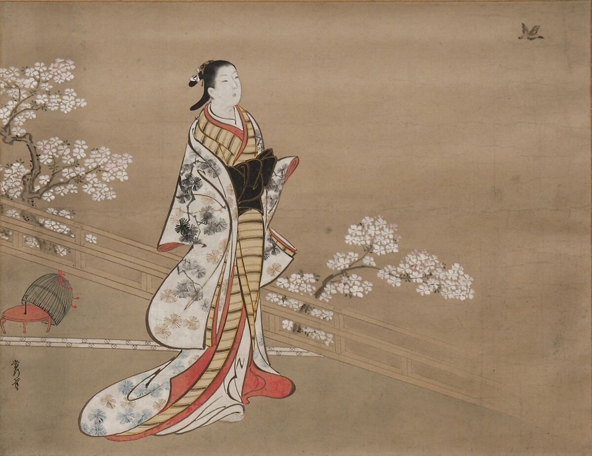 Parody of Murasaki, from "Lavender" (Wakamurasaki), chapter 5 of the Tale of Genji, Kawamata Tsuneyuki (1676 (?)–1741), Hanging scroll; ink and color on paper, Japan 
