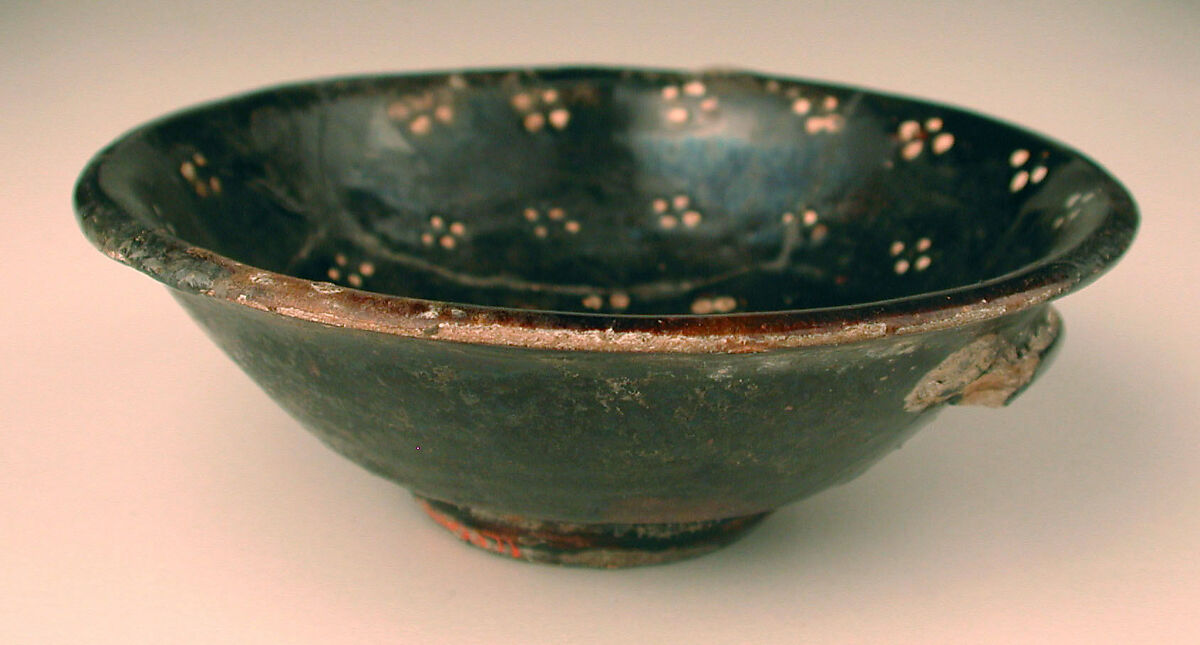 Bowl, Earthenware; black slip with white slip decoration under transparent glaze