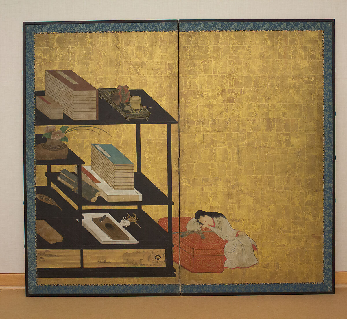 Interior Scene with Books and Writing Implements, Unidentified artist, Two-panel screen; ink, color, and gold leaf on paper, Japan 