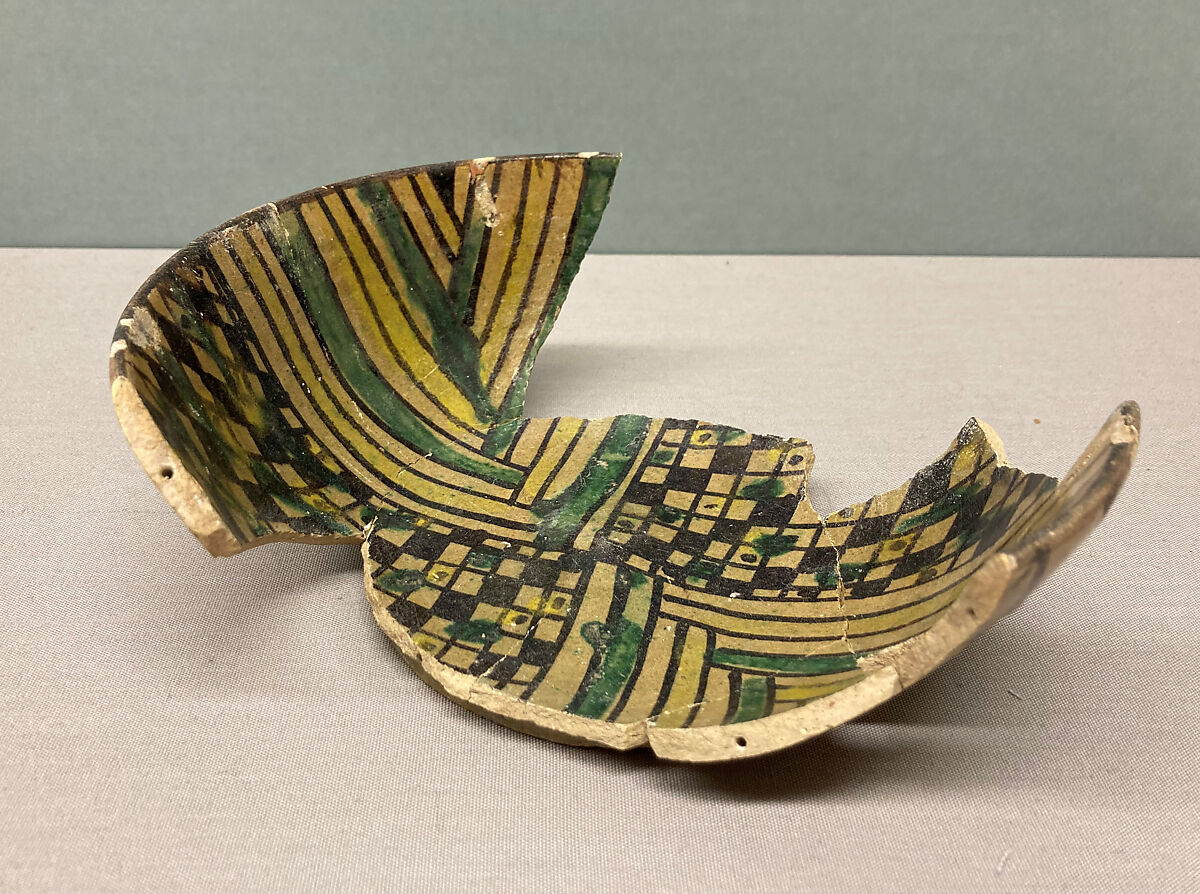 Bowl, Earthenware; painted in black slip and polychrome pigments under transparent colorless glaze (buff ware)
