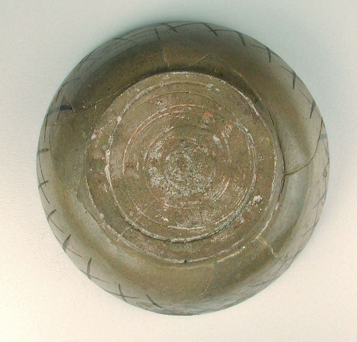 Bowl, Earthenware; painted in black slip and polychrome pigments under transparent colorless glaze (buff ware)
