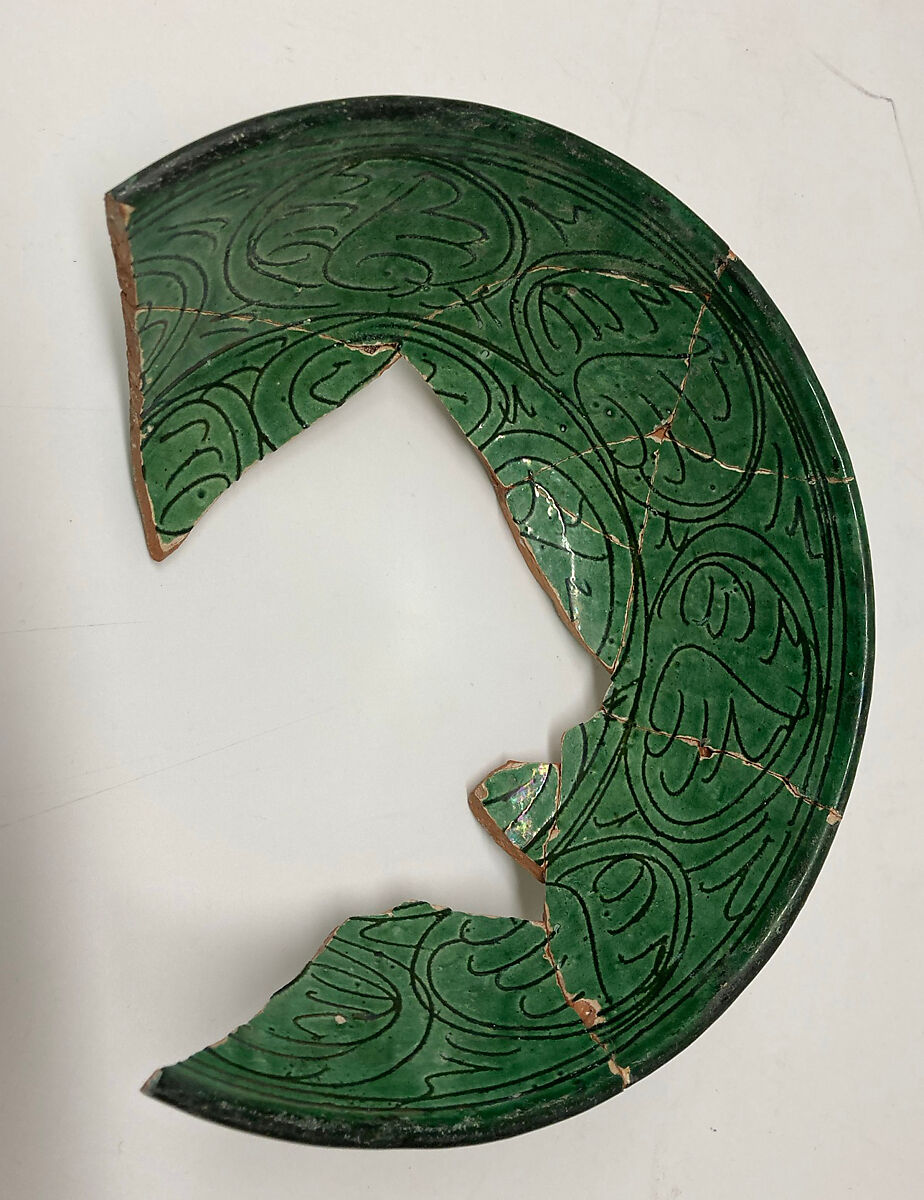 Bowl, Earthenware; white slip, incised under transparent green glaze