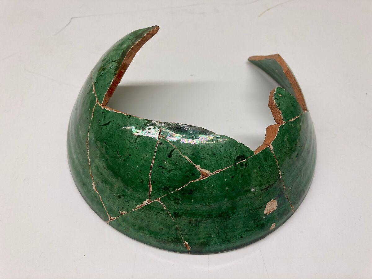 Bowl, Earthenware; white slip, incised under transparent green glaze
