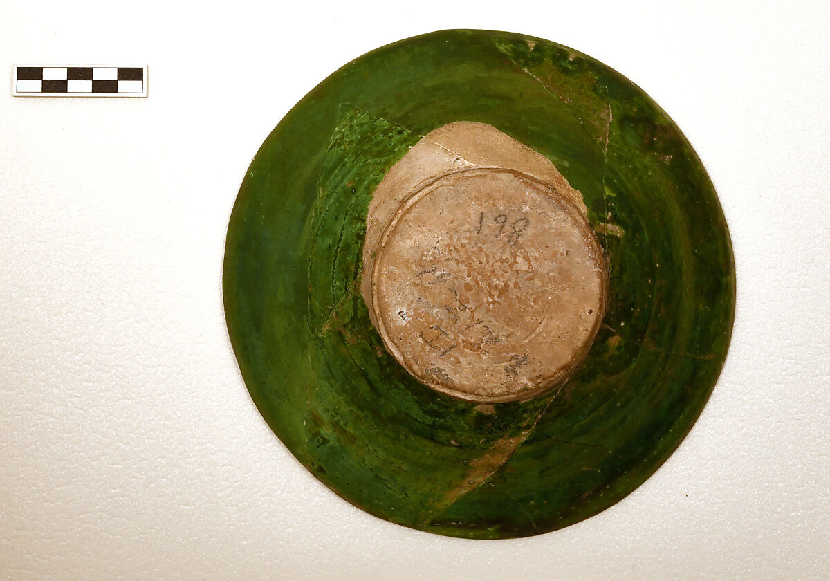 Bowl, Earthenware; white slip under transparent green glaze, incised