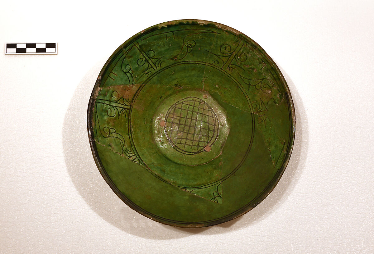 Bowl, Earthenware; white slip under transparent green glaze, incised
