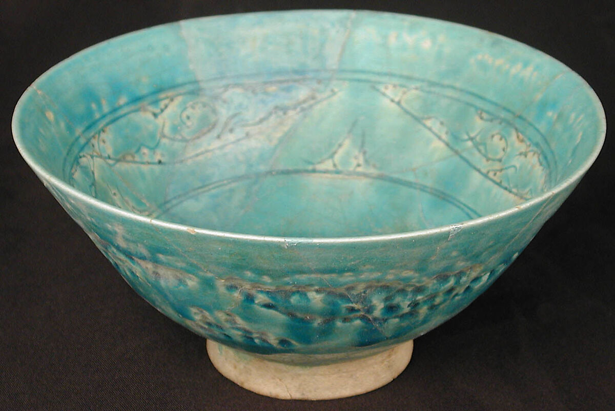 Bowl, Earthenware; white slip under turquoise glaze, incised 