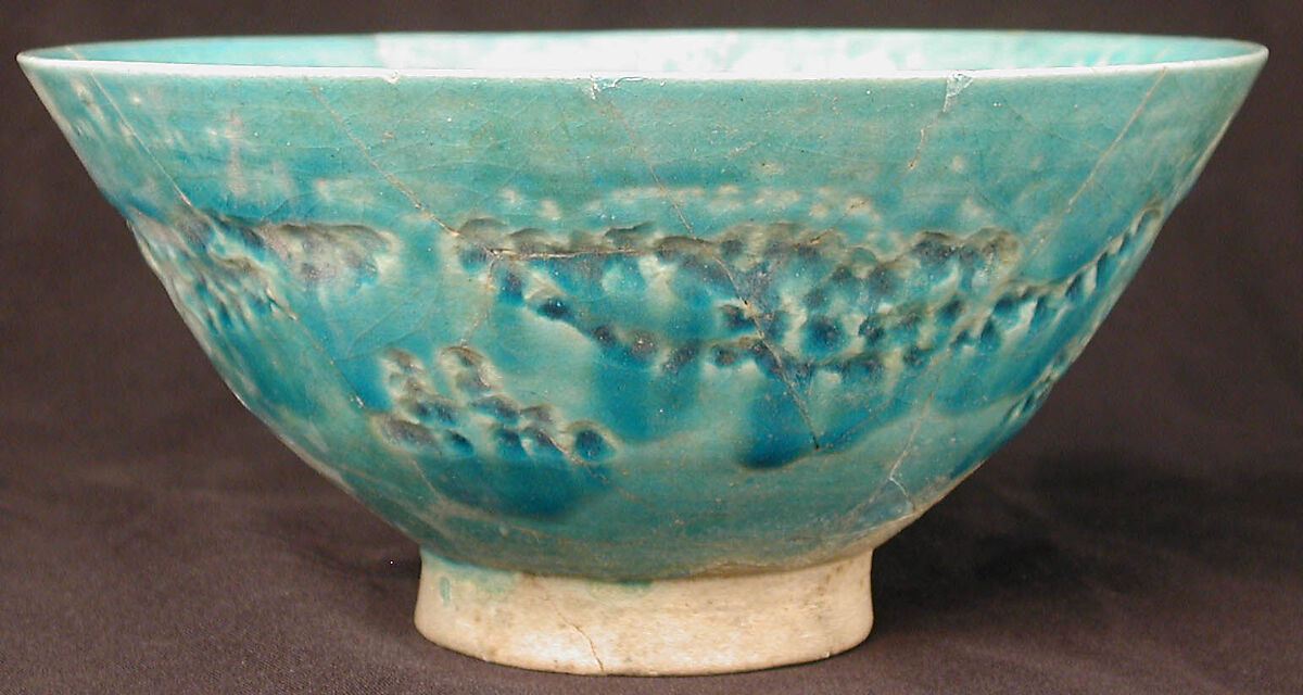 Bowl, Earthenware; white slip under turquoise glaze, incised