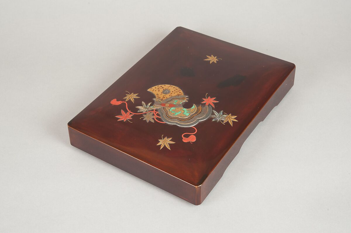 Writing Box with Design of Maple Leaves and Bugaku Hat from the Tale of Genji, Style of Ogawa Haritsu (Ritsuō) (Japanese, 1663–1747), Gold and glazed pottery on colored lacquer inlaid with mother-of-pearl, Japan