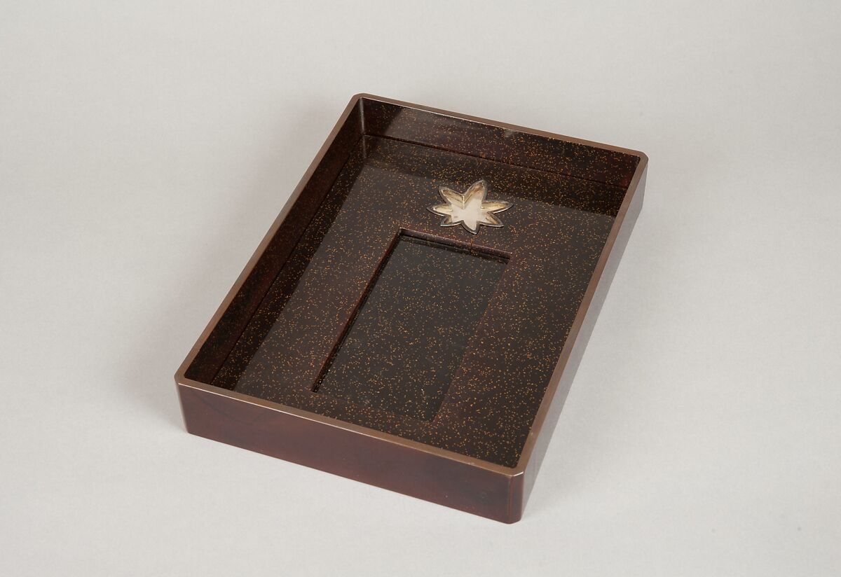 Writing Box with Design of Maple Leaves and Bugaku Hat from the Tale of Genji, Style of Ogawa Haritsu (Ritsuō) (Japanese, 1663–1747), Gold and glazed pottery on colored lacquer inlaid with mother-of-pearl, Japan