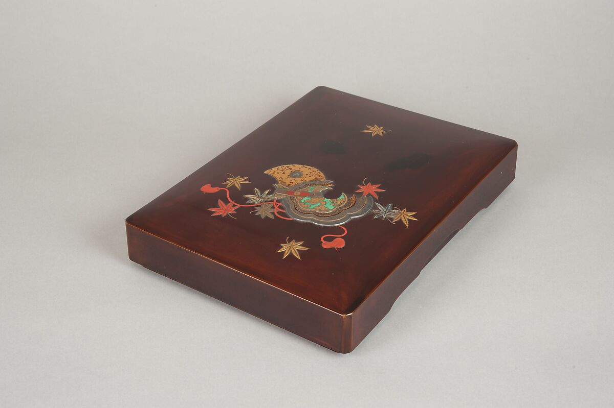Writing Box with Design of Maple Leaves and Bugaku Hat from the Tale of Genji, Style of Ogawa Haritsu (Ritsuō) (Japanese, 1663–1747), Gold and glazed pottery on colored lacquer inlaid with mother-of-pearl, Japan
