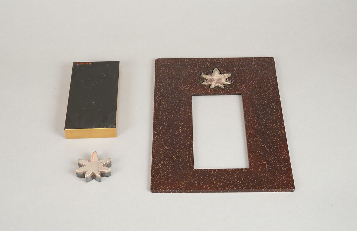 Writing Box with Design of Maple Leaves and Bugaku Hat from the Tale of Genji, Style of Ogawa Haritsu (Ritsuō) (Japanese, 1663–1747), Gold and glazed pottery on colored lacquer inlaid with mother-of-pearl, Japan